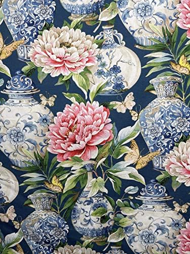Памучен плат с флорални модел Blue Jardin, ярдовый метър, розови цветя, материал за шиене, източен принт, азиатски вази, текстил