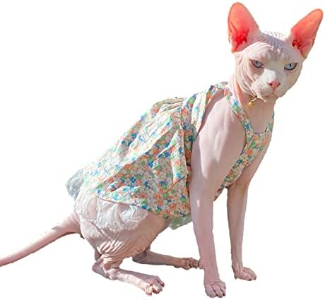 Летни Дрехи за котки Sphynx, Модно Бельо рокля-риза с принтом, Удобни ризи с коте за котки Sphynx, Cornish Rex, Девин Rex, Peterbald (L (7,3-9,7 кг), Украса от Дантела)
