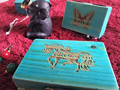 Колекция на NEDYALKO Кутия за украшения с единорогом, малки издържат дървени орнаменти в паметта, пръстени, обеци, колие,