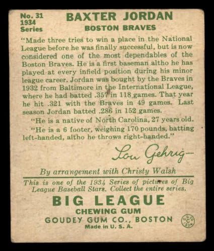 1934 Гуди 31 Бакстър Джордан Бостън Брейвз (Бейзболна картичка) ДОБРИ Брейвз