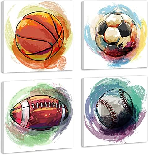 uruzuo Комплект от 4 Спортни Плакати Баскетбол, Бейзбол, Футбол Платно Стенни Художествени Картини за Декора на Стените