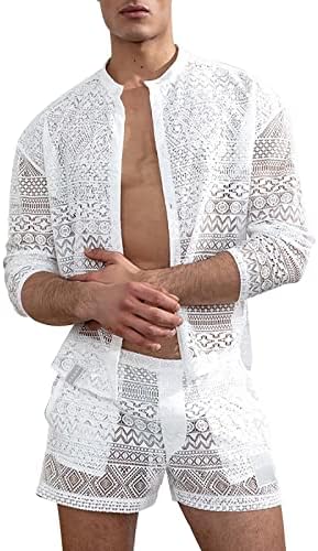 IJKEID, мъжки дантелен комплект от 2 теми, артистична однобортная риза с флорална принтом, шорти, летен плажен быстросохнущий