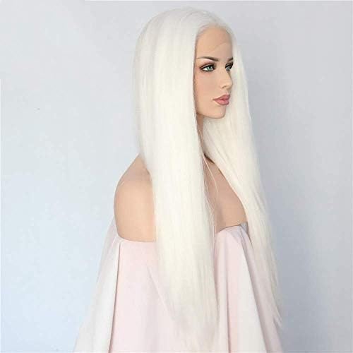 YTOOZ Модни дамски дълги прави коси с коса, бретон, бяла перука, завързана отпред и комплект за коса, 26 инча, перука