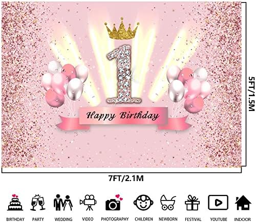 7x5ft Момиче Първия Рожден Ден Вечерни Фонове Розово 1-во честит Рожден Ден на Фон За Снимки на Една Година На Фона на