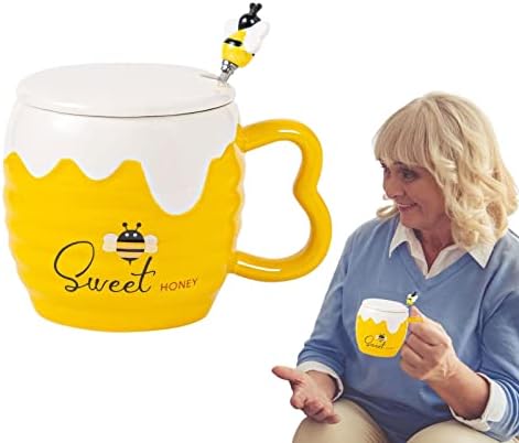 Ruliyeefu Bee Mug - 450 МЛ Керамична Чаша за Мед с Капак и лъжица, Чаша за Пчелен Мед, Чаши за Кафе, за Пчелите, Жълти