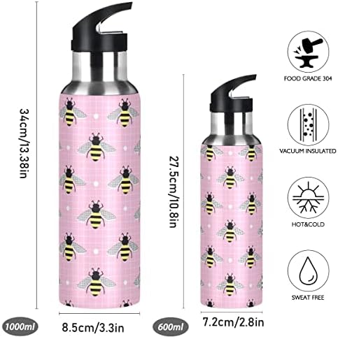 Розова Бутилка за вода Glaphy Сладко Bees в клетка със Сламен капак, не съдържа BPA, 32 грама, Изолирани Бутилка за Вода
