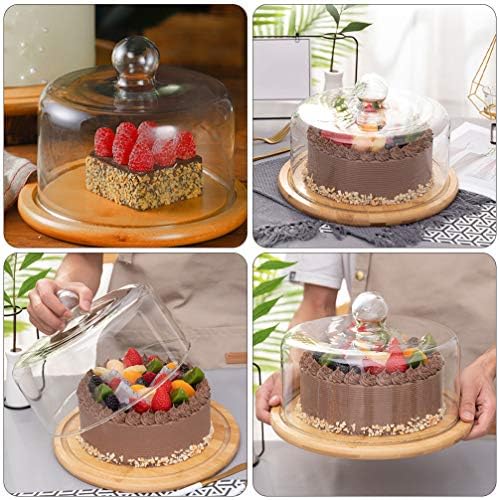 Стъклен Купол Hemoton Glass дамска шапка клош Поставка за Стъклени Куполи за Торта Ястие за Подаване на Десерти Бамбук
