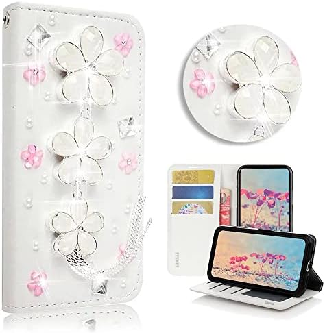 Чанта-портфейл STENES Bling за телефон, съвместим с LG K51 - Стилен Дизайн във формата на 3D-пеперуди, Ръчно изработени, Магнитна поставка за чантата си, Кожен калъф - бял