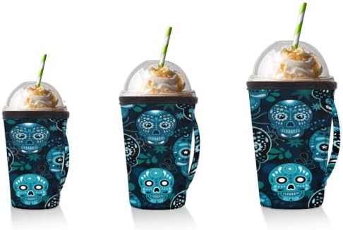 Blue Mexico Sugar Skull за многократна употреба Кафе ръкав с лед с дръжка от неопрен за Напитки, кафе лате, Чай, Напитки,