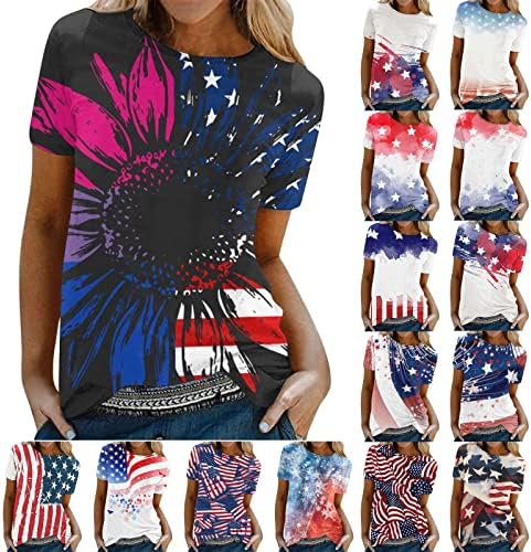 На 4 юли, Тениски за Жени, Лятна Риза, с кръгло деколте и Къс ръкав, Американски Флаг, Риза в Звездната Ивица, Туника,