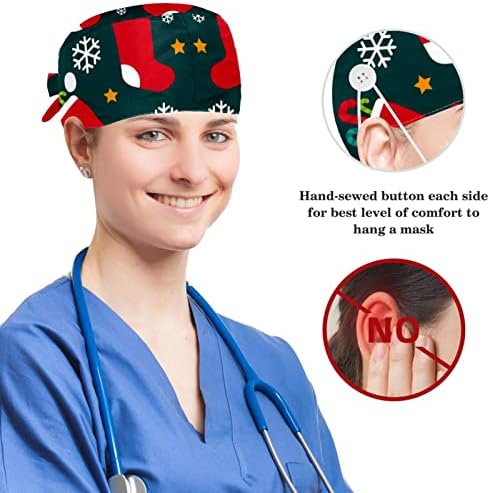 Медицински Шапки Регулируема Работна Шапка с Копчета и Лък, Ластикът за коса, Коледни Златни топки Черен цвят