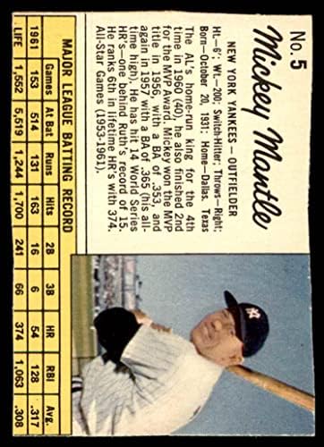 1962 Желе 5 Мики Мэнтл Ню Йорк Янкис (Бейзболна картичка) СПРАВЕДЛИВИ Янкис