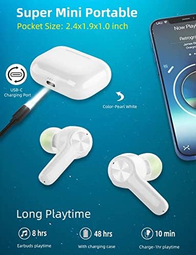 Безжични слушалки XLEADER (перлено бял) Pro HiFi Bass Smart Touch Bluetooth Слушалка със зарядно устройство USB-C, микрофон,