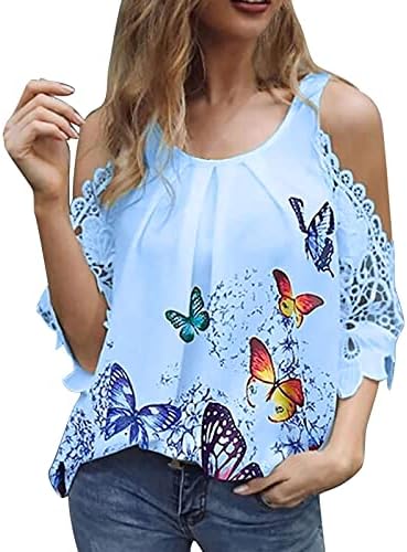 Женска Тениска с открити рамене, Блуза, с къс ръкав, през Цялата Силует, Принт Пеперуди, Лятна Мека Блуза, Големи Размери,